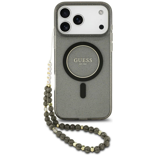 Husa MagSafe pentru Apple iPhone 18 Pro / 17 Pro, Guess, IML Glitter with Pearl Strap, Neagra