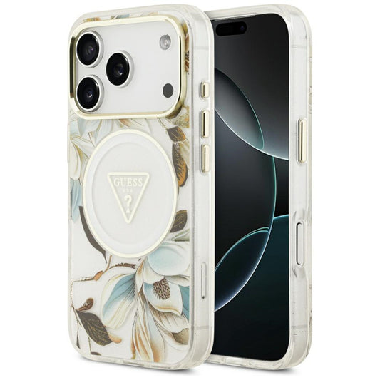 Husa MagSafe pentru Apple iPhone 18 Pro / 17 Pro, Guess, IML Metal Glitter Flowers Triangle, Alba
