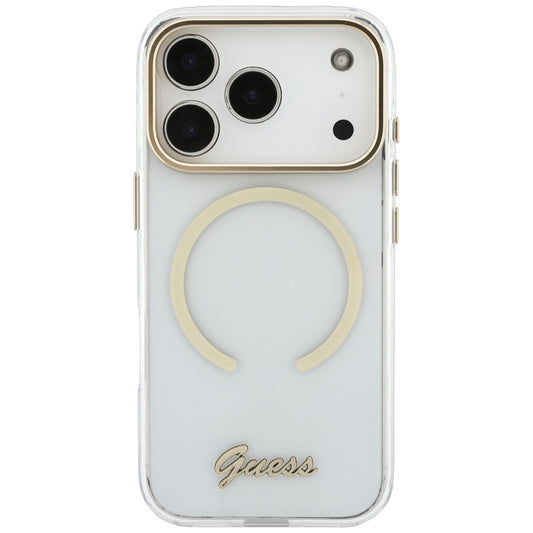 Husa MagSafe pentru Apple iPhone 18 Pro / 17 Pro, Guess, IML Script Metal, Transparenta