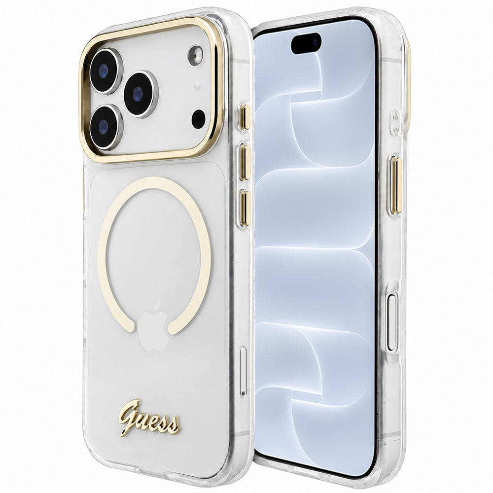 Husa MagSafe pentru Apple iPhone 18 Pro / 17 Pro, Guess, IML Script Metal, Transparenta