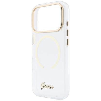 Husa MagSafe pentru Apple iPhone 18 Pro / 17 Pro, Guess, IML Script Metal, Transparenta