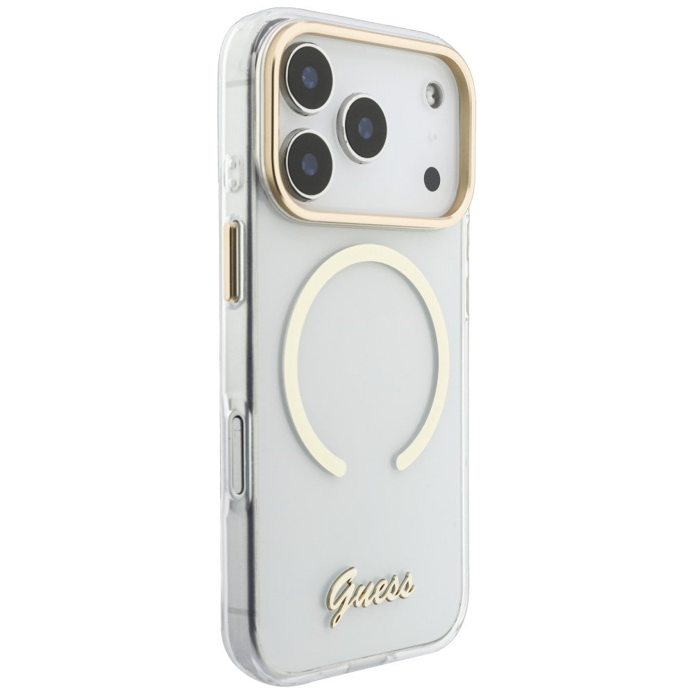 Husa MagSafe pentru Apple iPhone 18 Pro / 17 Pro, Guess, IML Script Metal, Transparenta
