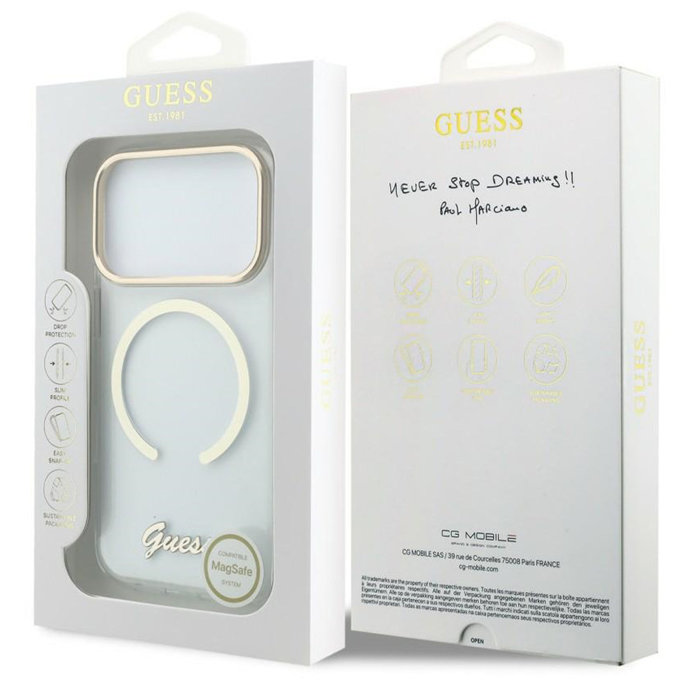 Husa MagSafe pentru Apple iPhone 18 Pro / 17 Pro, Guess, IML Script Metal, Transparenta