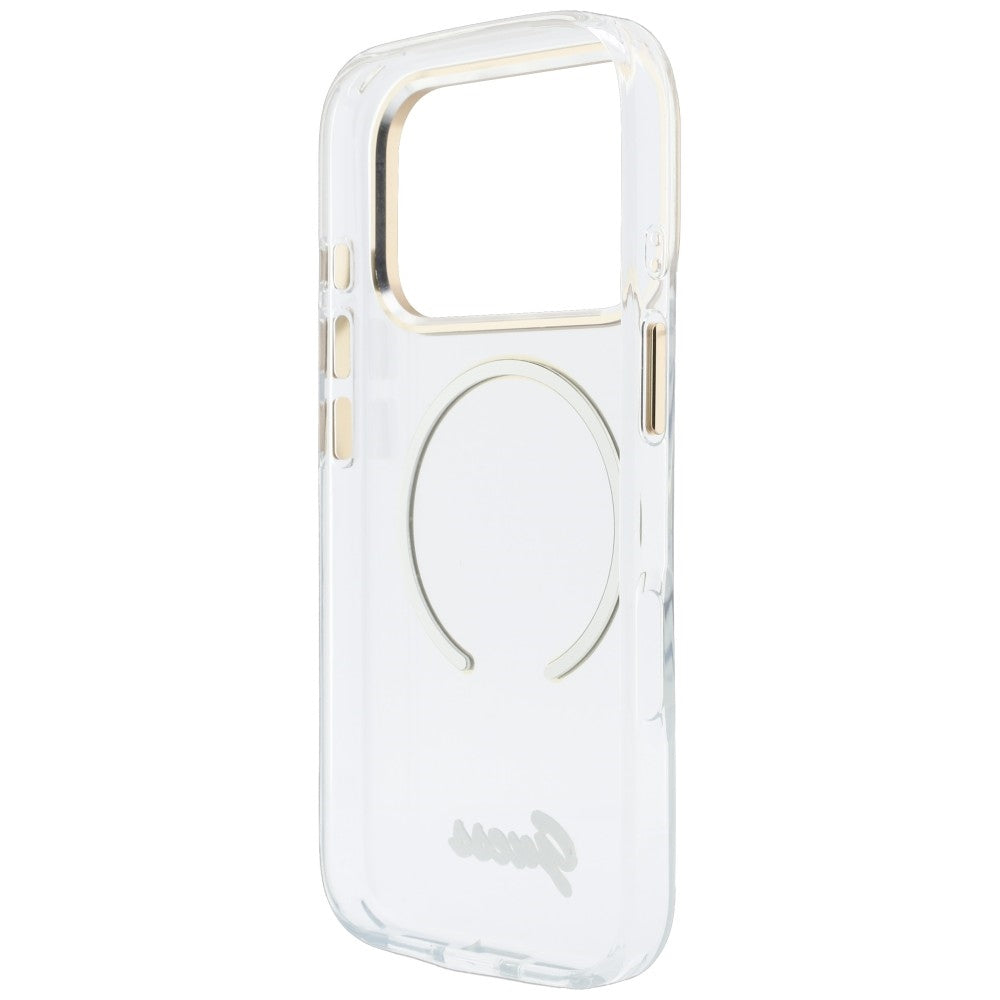 Husa MagSafe pentru Apple iPhone 18 Pro / 17 Pro, Guess, IML Script Metal, Transparenta
