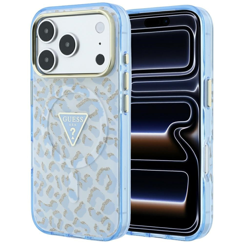 Husa MagSafe pentru Apple iPhone 18 Pro / 17 Pro, Guess, Leopard Glitter Triangle Logo, Bleu