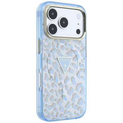 Husa MagSafe pentru Apple iPhone 18 Pro / 17 Pro, Guess, Leopard Glitter Triangle Logo, Bleu