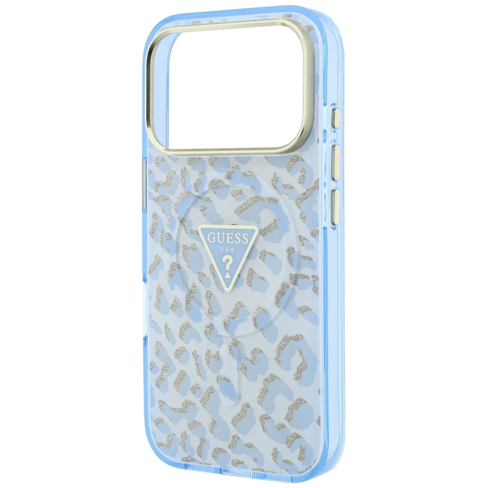 Husa MagSafe pentru Apple iPhone 18 Pro / 17 Pro, Guess, Leopard Glitter Triangle Logo, Bleu