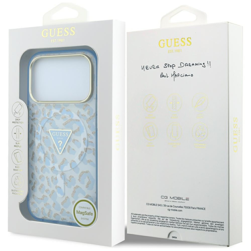 Husa MagSafe pentru Apple iPhone 18 Pro / 17 Pro, Guess, Leopard Glitter Triangle Logo, Bleu