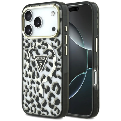 Husa MagSafe pentru Apple iPhone 18 Pro / 17 Pro, Guess, Leopard Glitter Triangle Logo, Neagra