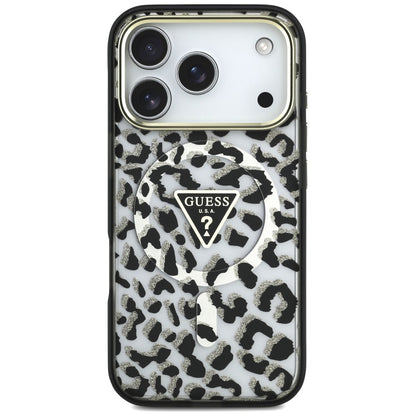 Husa MagSafe pentru Apple iPhone 18 Pro / 17 Pro, Guess, Leopard Glitter Triangle Logo, Neagra
