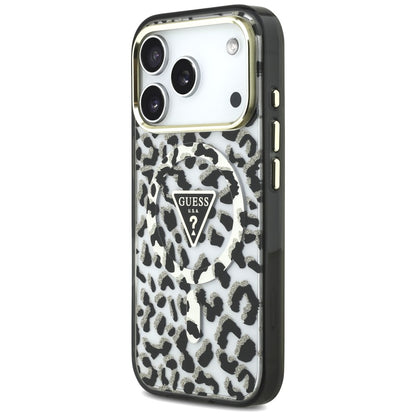 Husa MagSafe pentru Apple iPhone 18 Pro / 17 Pro, Guess, Leopard Glitter Triangle Logo, Neagra
