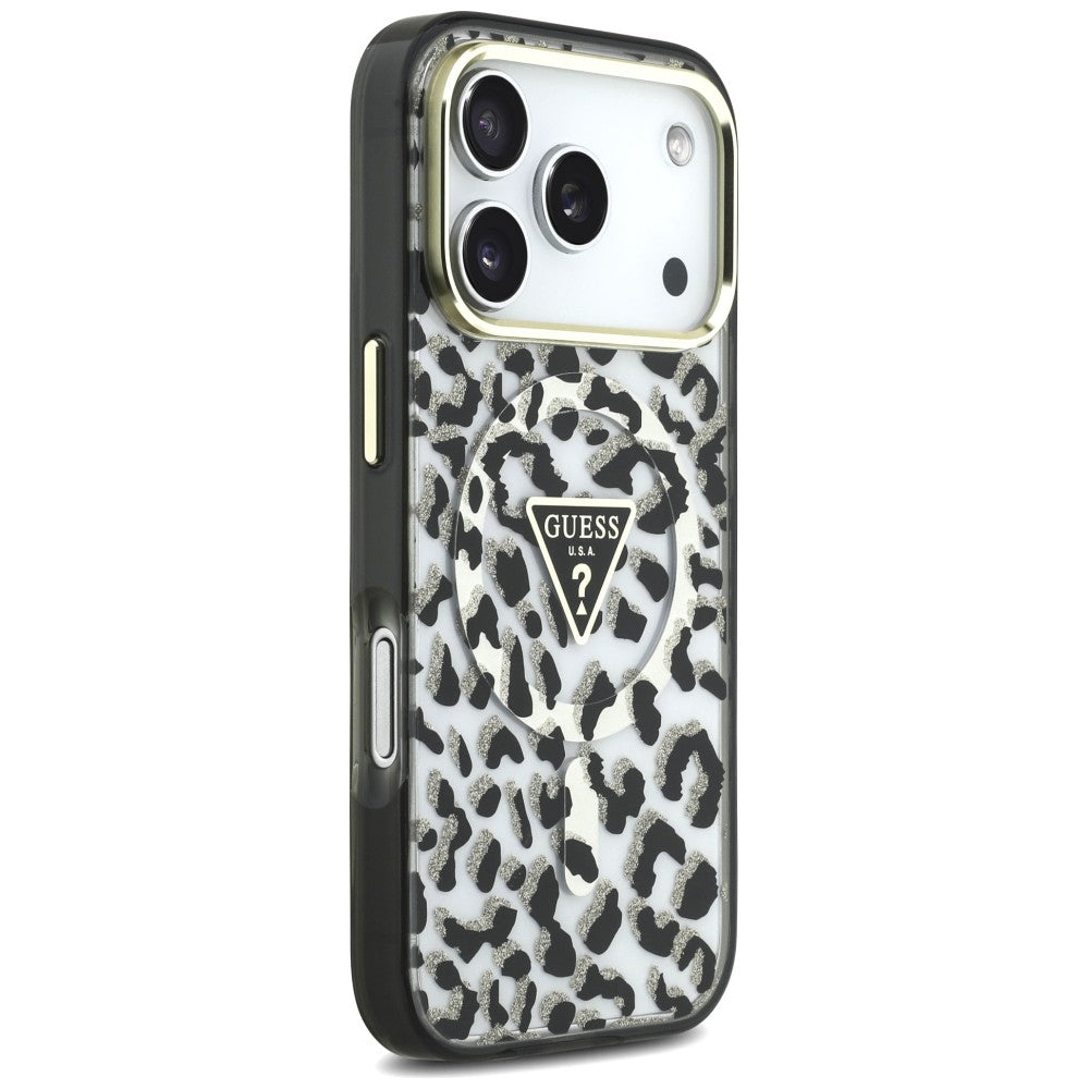Husa MagSafe pentru Apple iPhone 18 Pro / 17 Pro, Guess, Leopard Glitter Triangle Logo, Neagra