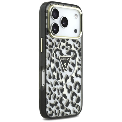 Husa MagSafe pentru Apple iPhone 18 Pro / 17 Pro, Guess, Leopard Glitter Triangle Logo, Neagra