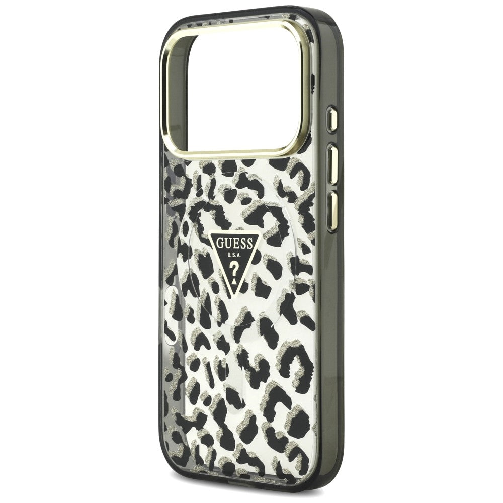 Husa MagSafe pentru Apple iPhone 18 Pro / 17 Pro, Guess, Leopard Glitter Triangle Logo, Neagra