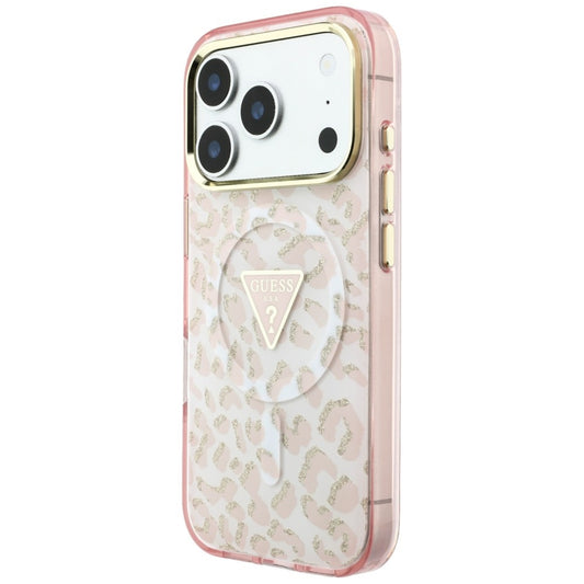 Husa MagSafe pentru Apple iPhone 18 Pro / 17 Pro, Guess, Leopard Glitter Triangle Logo, Roz