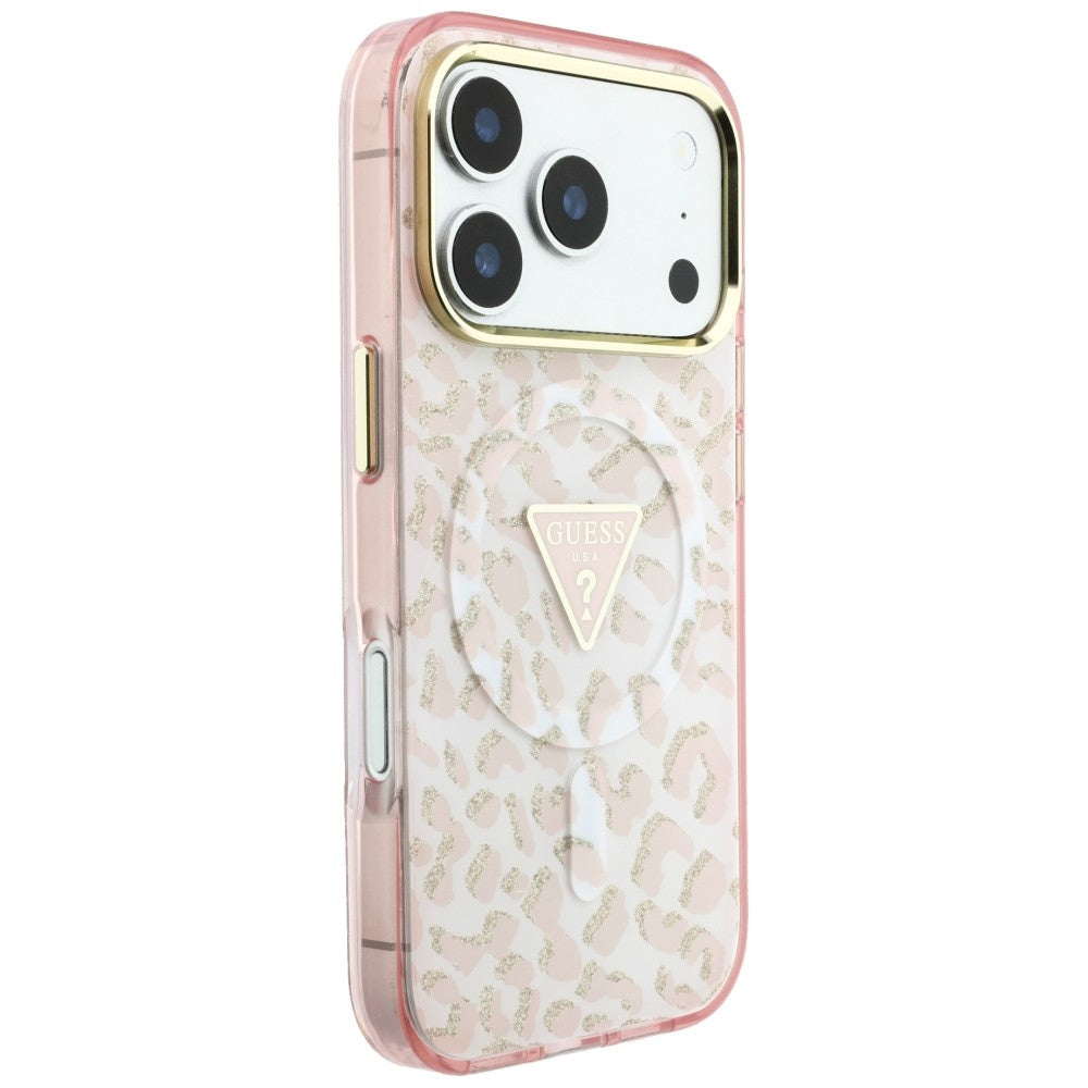 Husa MagSafe pentru Apple iPhone 18 Pro / 17 Pro, Guess, Leopard Glitter Triangle Logo, Roz
