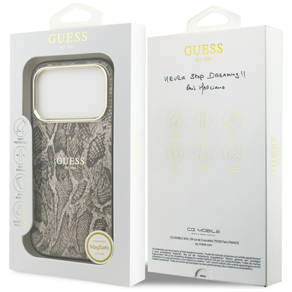 Husa MagSafe pentru Apple iPhone 18 Pro / 17 Pro, Guess, Python Pattern, Maro