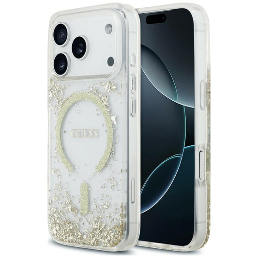 Husa MagSafe pentru Apple iPhone 18 Pro / 17 Pro, Guess, Resin Bottom Glitter, Aurie