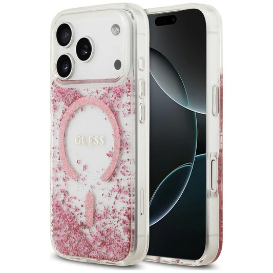 Husa MagSafe pentru Apple iPhone 18 Pro / 17 Pro, Guess, Resin Bottom Glitter, Roz