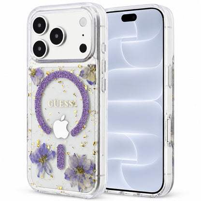 Husa MagSafe pentru Apple iPhone 18 Pro / 17 Pro, Guess, Resin Flowers and Glitter, Mov