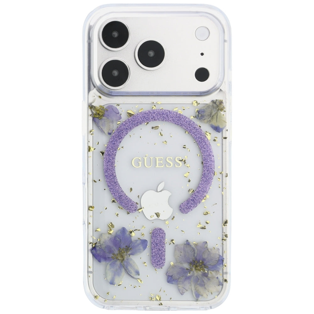 Husa MagSafe pentru Apple iPhone 18 Pro / 17 Pro, Guess, Resin Flowers and Glitter, Mov
