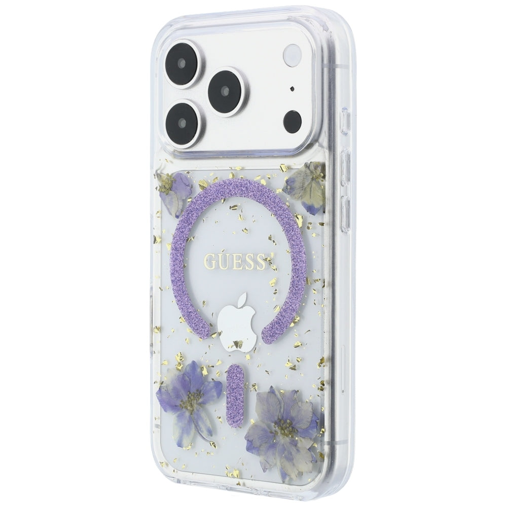 Husa MagSafe pentru Apple iPhone 18 Pro / 17 Pro, Guess, Resin Flowers and Glitter, Mov