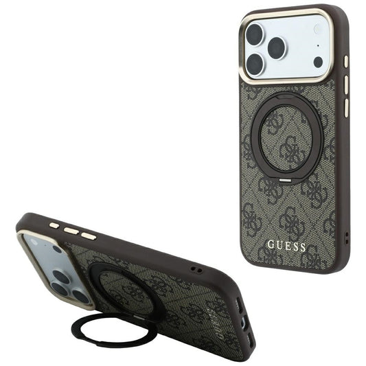 Husa MagSafe pentru Apple iPhone 18 Pro / 17 Pro, Guess, Ring Stand 360 4G Classic Logo, Maro