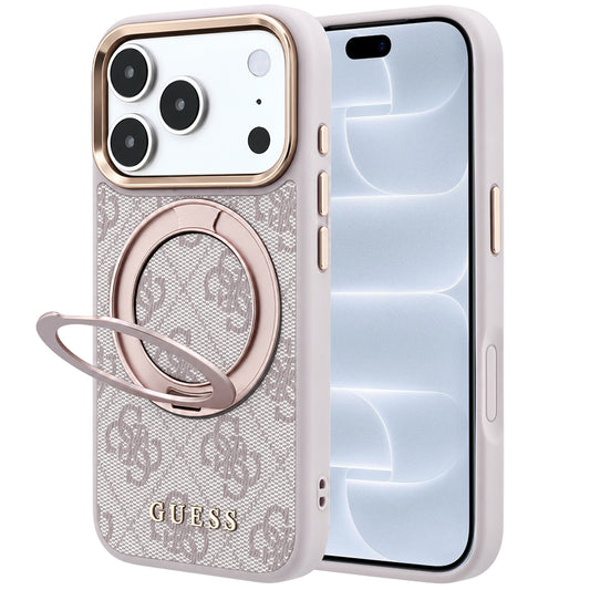 Husa MagSafe pentru Apple iPhone 18 Pro / 17 Pro, Guess, Ring Stand 360 4G Classic Logo, Roz