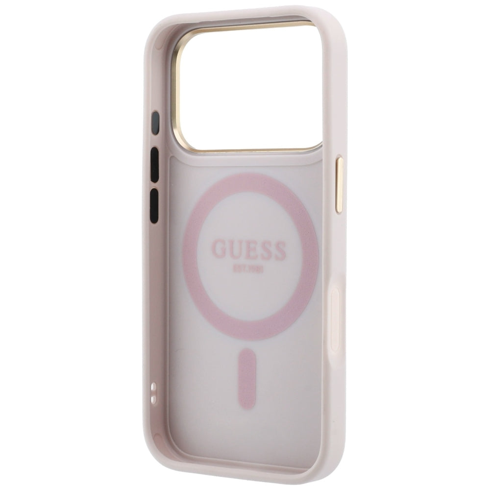 Husa MagSafe pentru Apple iPhone 18 Pro / 17 Pro, Guess, Ring Stand 360 4G Classic Logo, Roz