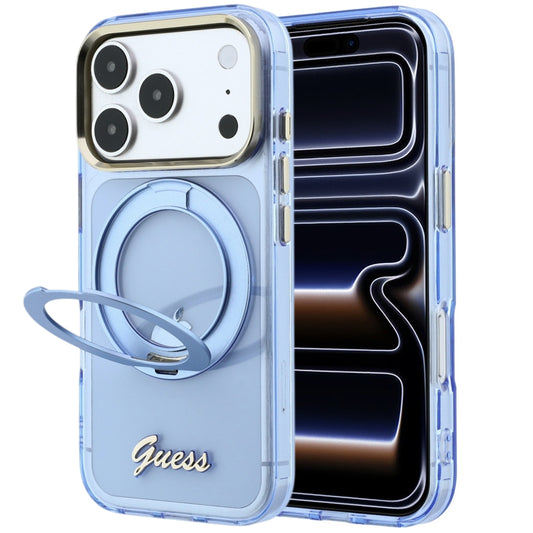 Husa MagSafe pentru Apple iPhone 18 Pro / 17 Pro, Guess, Ring Stand Script Metal Logo, Bleu