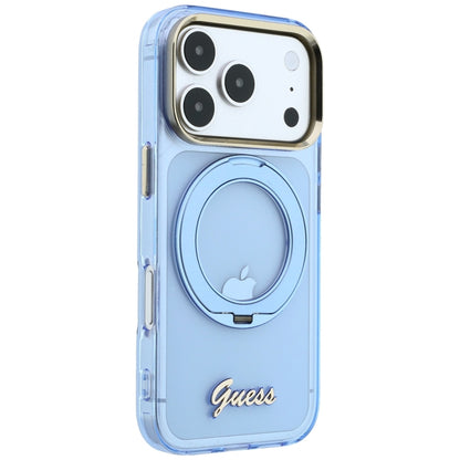Husa MagSafe pentru Apple iPhone 18 Pro / 17 Pro, Guess, Ring Stand Script Metal Logo, Bleu