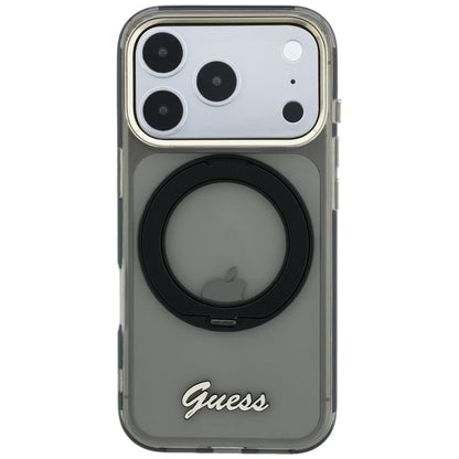 Husa MagSafe pentru Apple iPhone 18 Pro / 17 Pro, Guess, Ring Stand Script Metal Logo, Neagra