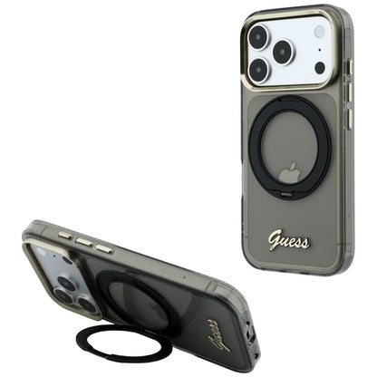 Husa MagSafe pentru Apple iPhone 18 Pro / 17 Pro, Guess, Ring Stand Script Metal Logo, Neagra