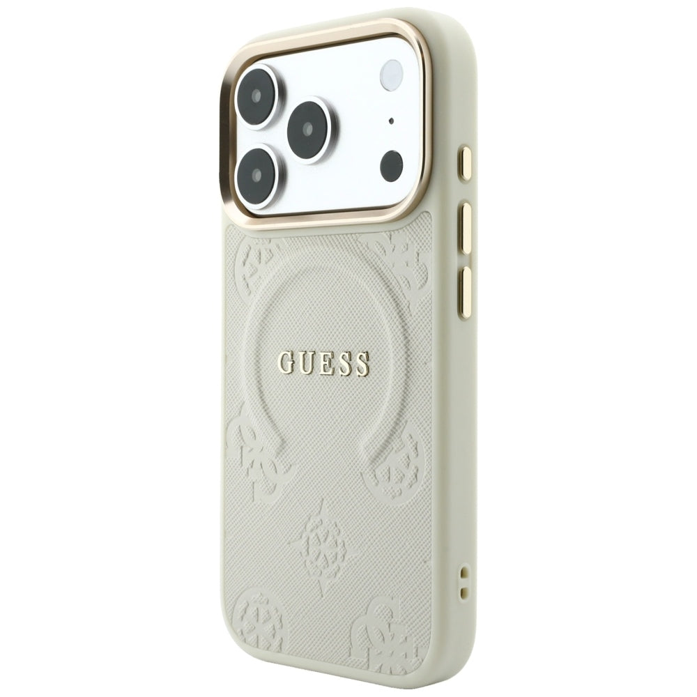 Husa MagSafe pentru Apple iPhone 18 Pro / 17 Pro, Guess, Saffiano Peony Ring, Bej
