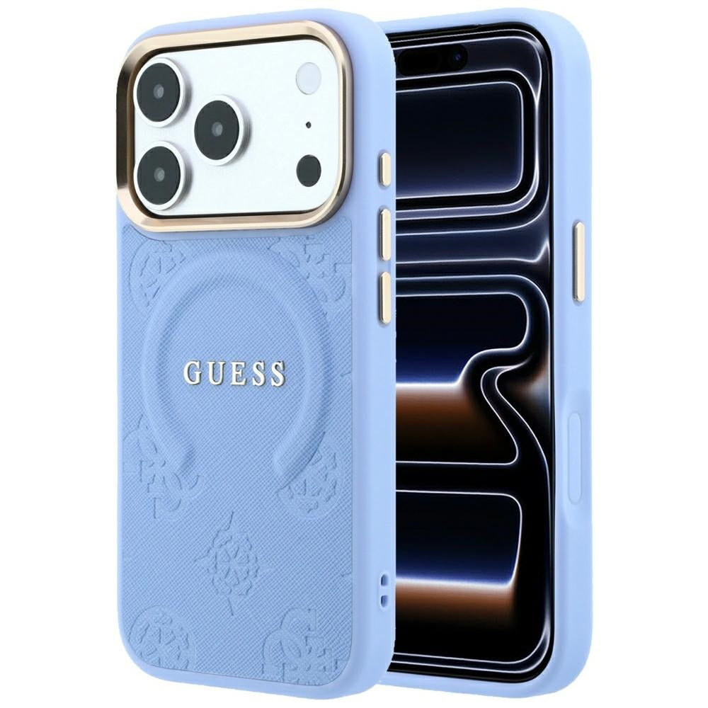 Husa MagSafe pentru Apple iPhone 18 Pro / 17 Pro, Guess, Saffiano Peony Ring, Bleu