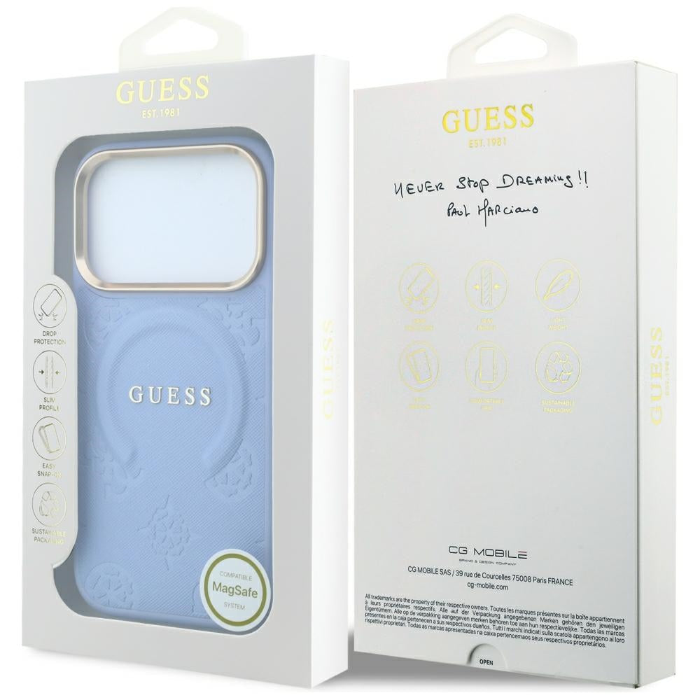 Husa MagSafe pentru Apple iPhone 18 Pro / 17 Pro, Guess, Saffiano Peony Ring, Bleu