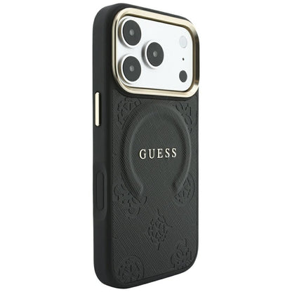 Husa MagSafe pentru Apple iPhone 18 Pro / 17 Pro, Guess, Saffiano Peony Ring, Neagra