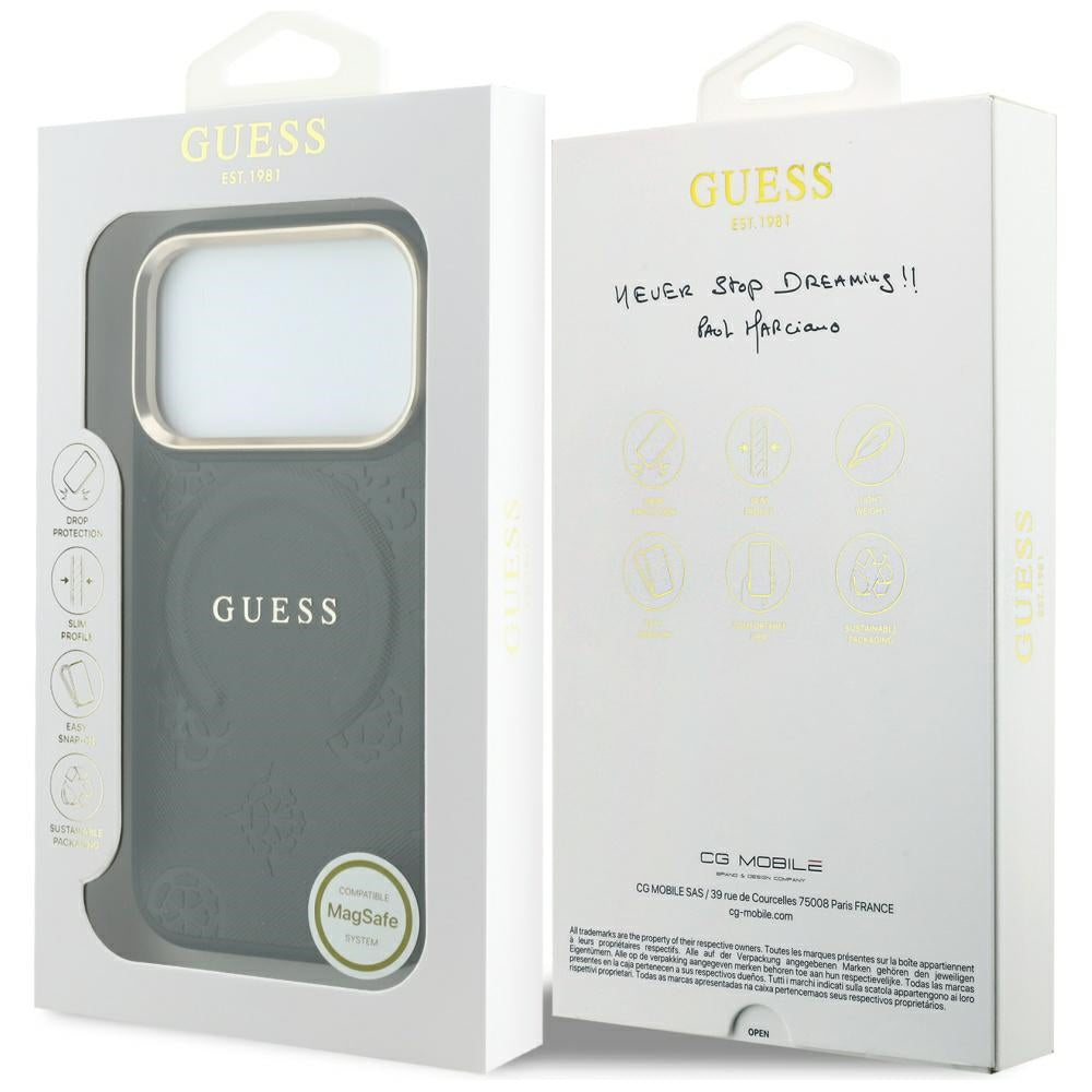 Husa MagSafe pentru Apple iPhone 18 Pro / 17 Pro, Guess, Saffiano Peony Ring, Neagra