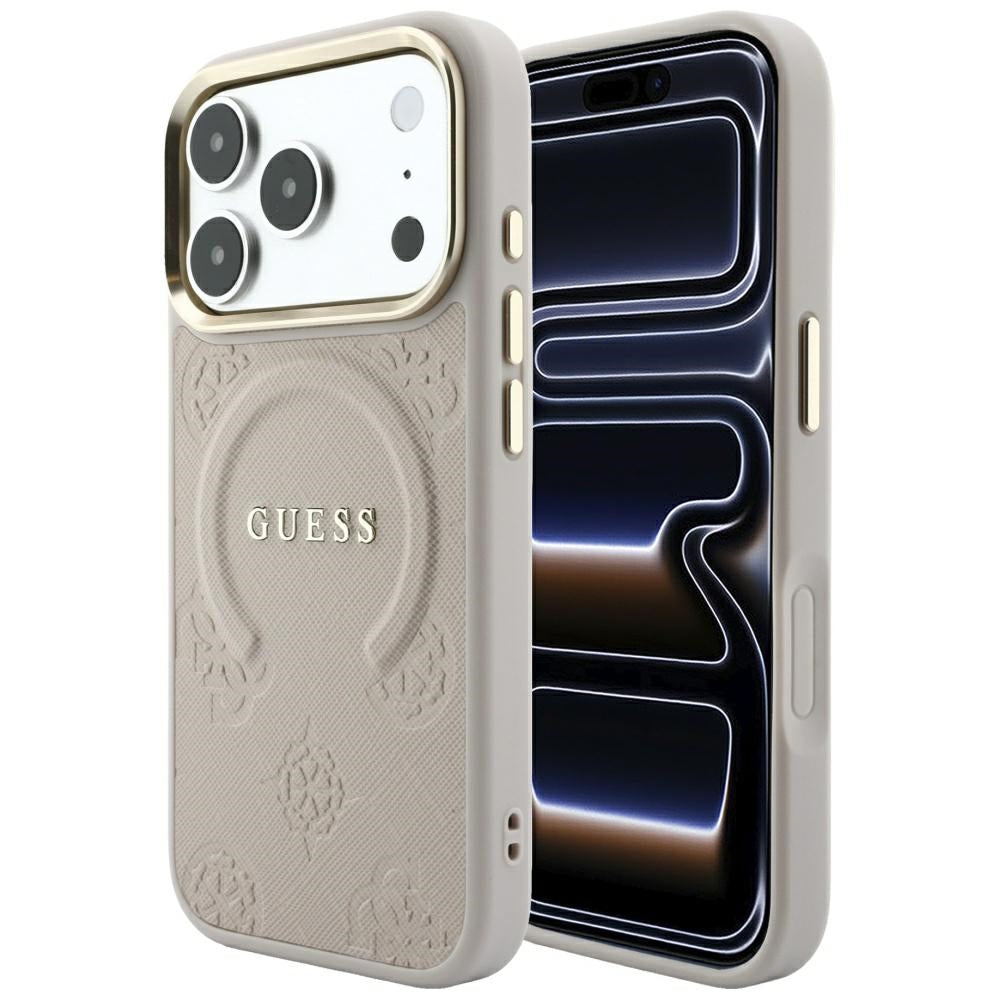 Husa MagSafe pentru Apple iPhone 18 Pro / 17 Pro, Guess, Saffiano Peony Ring, Roz
