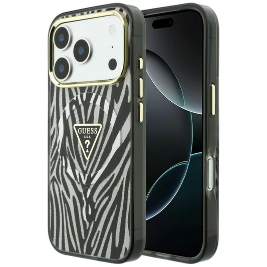 Husa MagSafe pentru Apple iPhone 18 Pro / 17 Pro, Guess, Zebra Glitter Triangle Logo, Argintie
