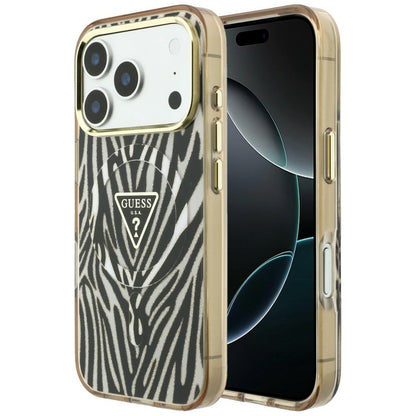 Husa MagSafe pentru Apple iPhone 18 Pro / 17 Pro, Guess, Zebra Glitter Triangle Logo, Aurie