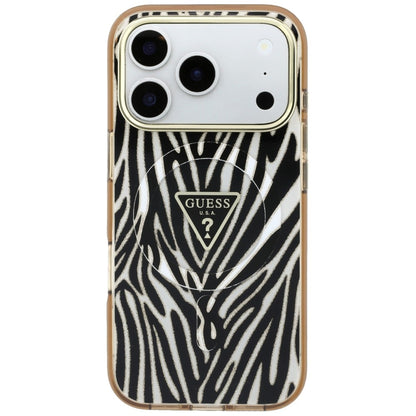 Husa MagSafe pentru Apple iPhone 18 Pro / 17 Pro, Guess, Zebra Glitter Triangle Logo, Aurie