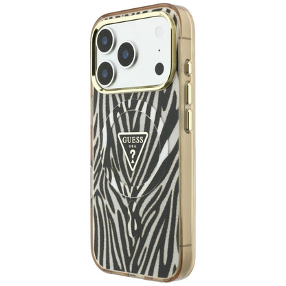 Husa MagSafe pentru Apple iPhone 18 Pro / 17 Pro, Guess, Zebra Glitter Triangle Logo, Aurie