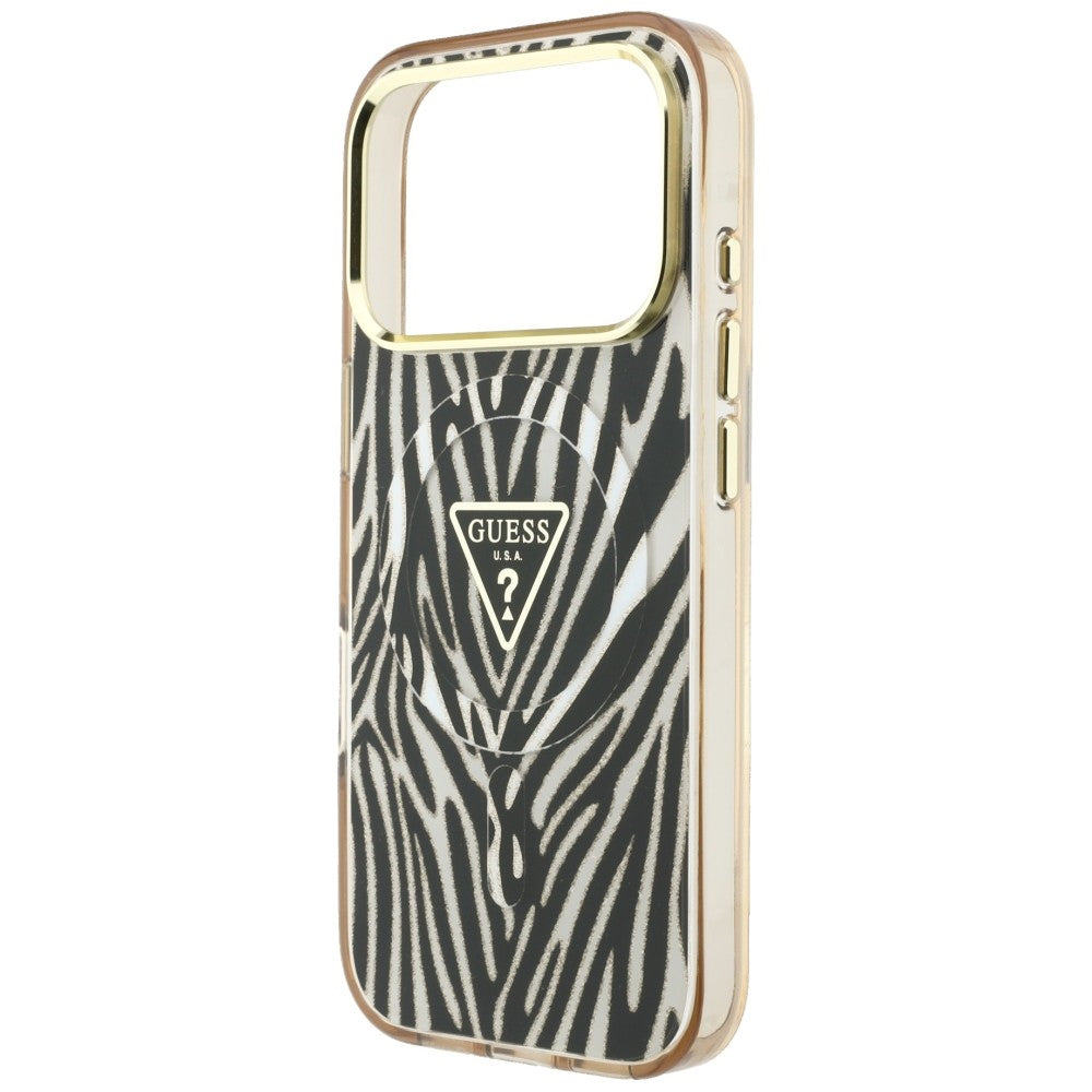 Husa MagSafe pentru Apple iPhone 18 Pro / 17 Pro, Guess, Zebra Glitter Triangle Logo, Aurie