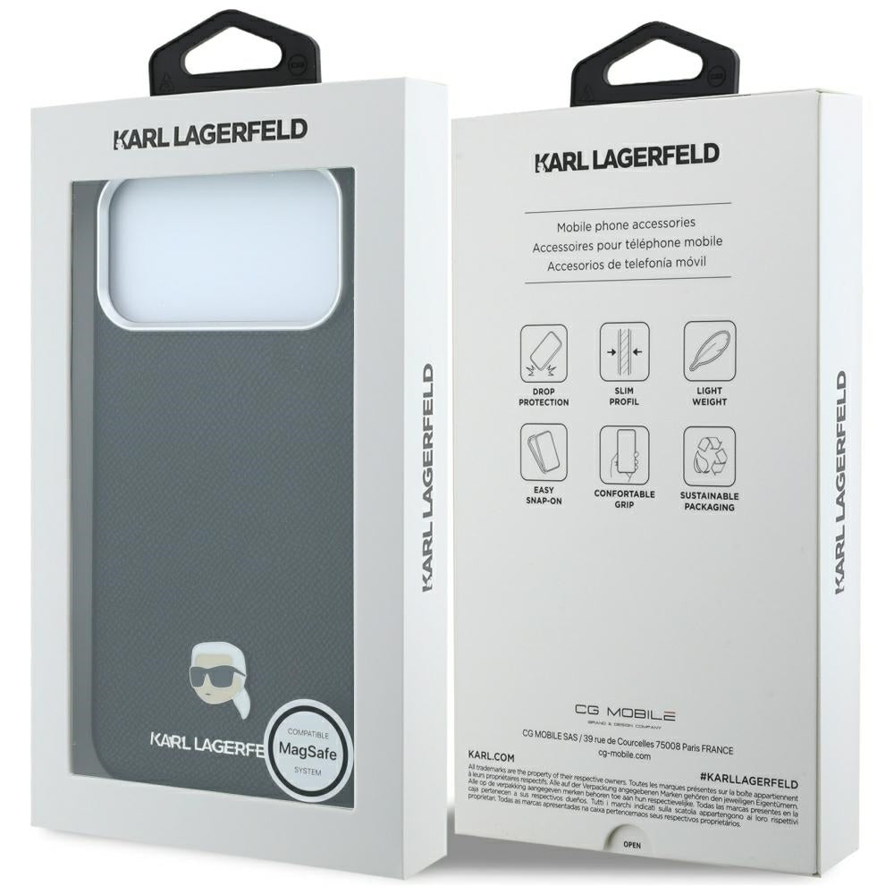 Husa MagSafe pentru Apple iPhone 18 Pro / 17 Pro, Karl Lagerfeld, Grained Karl Head's Metal, Neagra