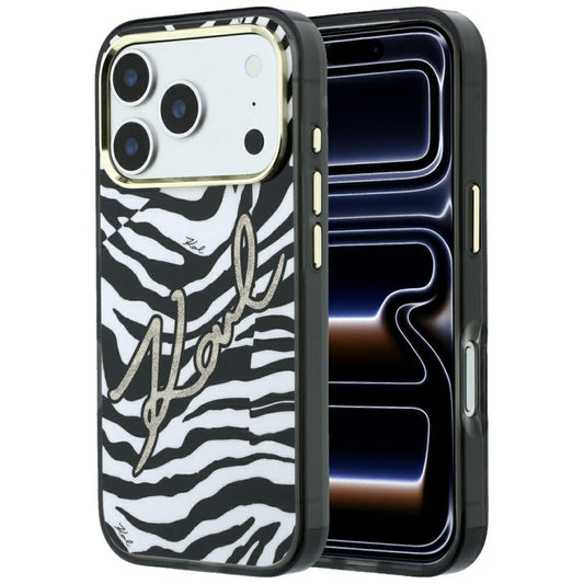 Husa MagSafe pentru Apple iPhone 18 Pro / 17 Pro, Karl Lagerfeld, HC IML Signature Zebra Glitter Gold, Neagra