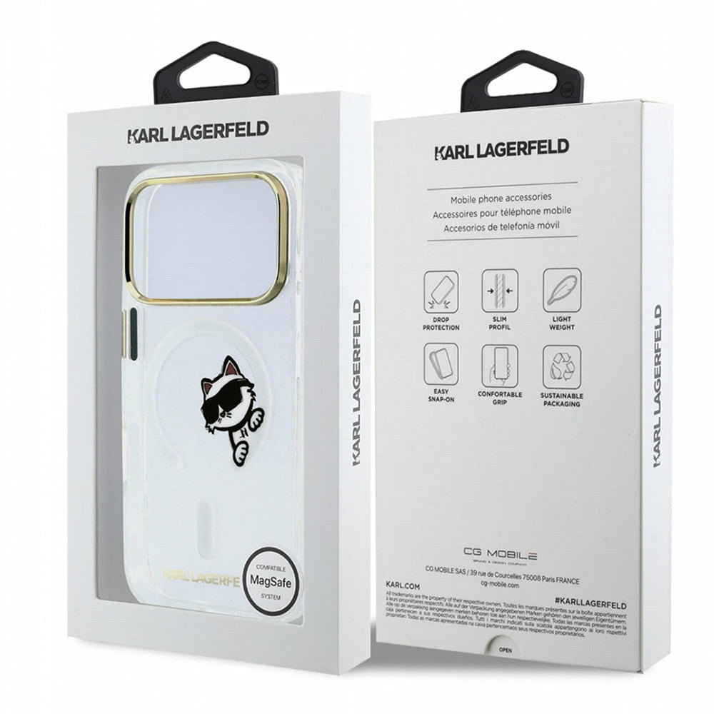 Husa MagSafe pentru Apple iPhone 18 Pro / 17 Pro, Karl Lagerfeld, IML Peekaboo Print and Metal Frame, Transparenta