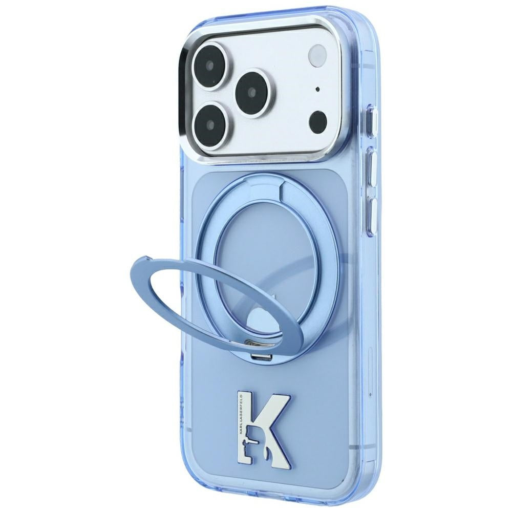 Husa MagSafe pentru Apple iPhone 18 Pro / 17 Pro, Karl Lagerfeld, IML Ring Stand Kameo Metal, Albastra