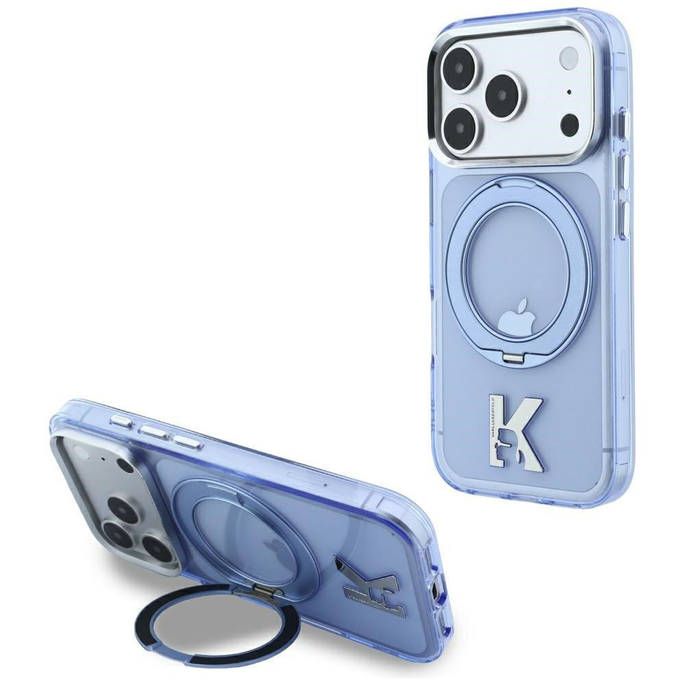 Husa MagSafe pentru Apple iPhone 18 Pro / 17 Pro, Karl Lagerfeld, IML Ring Stand Kameo Metal, Albastra