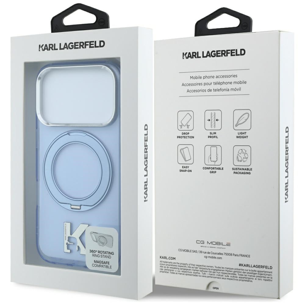Husa MagSafe pentru Apple iPhone 18 Pro / 17 Pro, Karl Lagerfeld, IML Ring Stand Kameo Metal, Albastra
